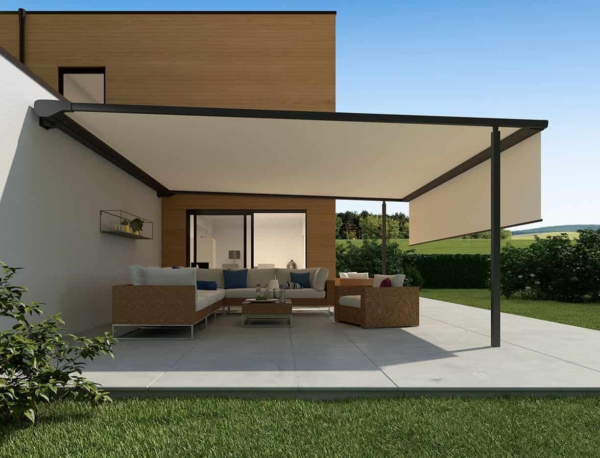 alt="Pergolamarkise mit stabiler Führung – idealer Sonnen- und Wetterschutz für große Terrassen"