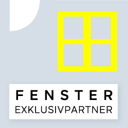 Gelbes Fenster-Symbol mit dem Text "FENSTER EXKLUSIVPARTNER".