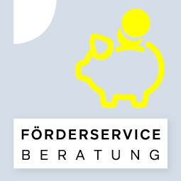 Gelbe Sparschwein-Grafik mit einem gelben Geldstück oben drauf. Text: Förderservice Beratung.