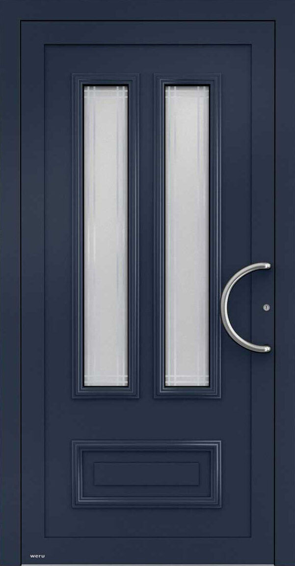 Dunkelblaue Tür mit zwei Fenstern und einem halbrunden Türgriff. "weru" ist unten rechts sichtbar.