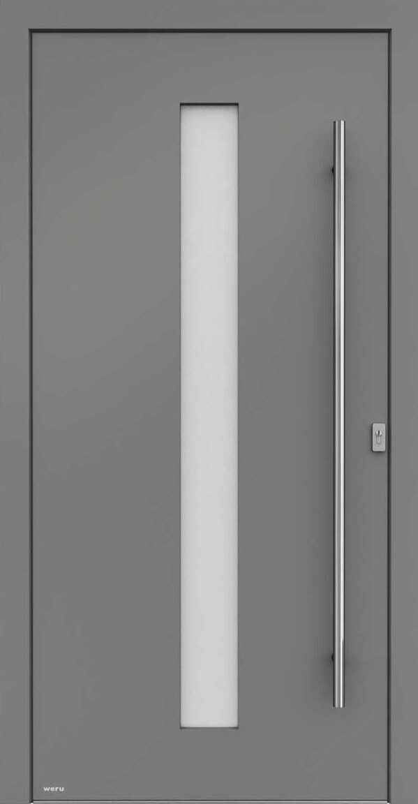 Graue Haustür mit vertikalem Fenster und silbernem Türgriff. "WERU" steht unten.
