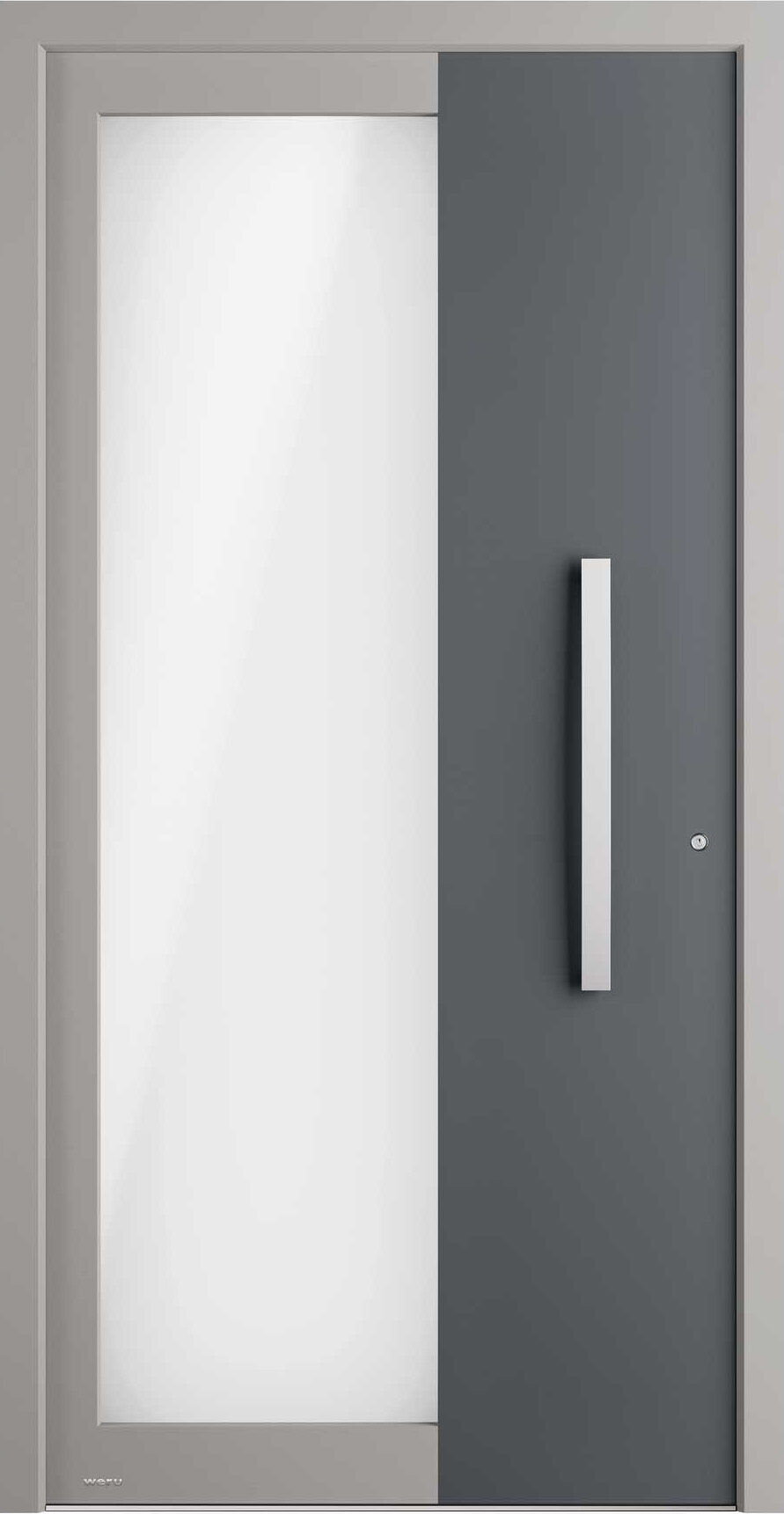 Eine graue Tür mit einem Griff und einem kleinen Fenster.