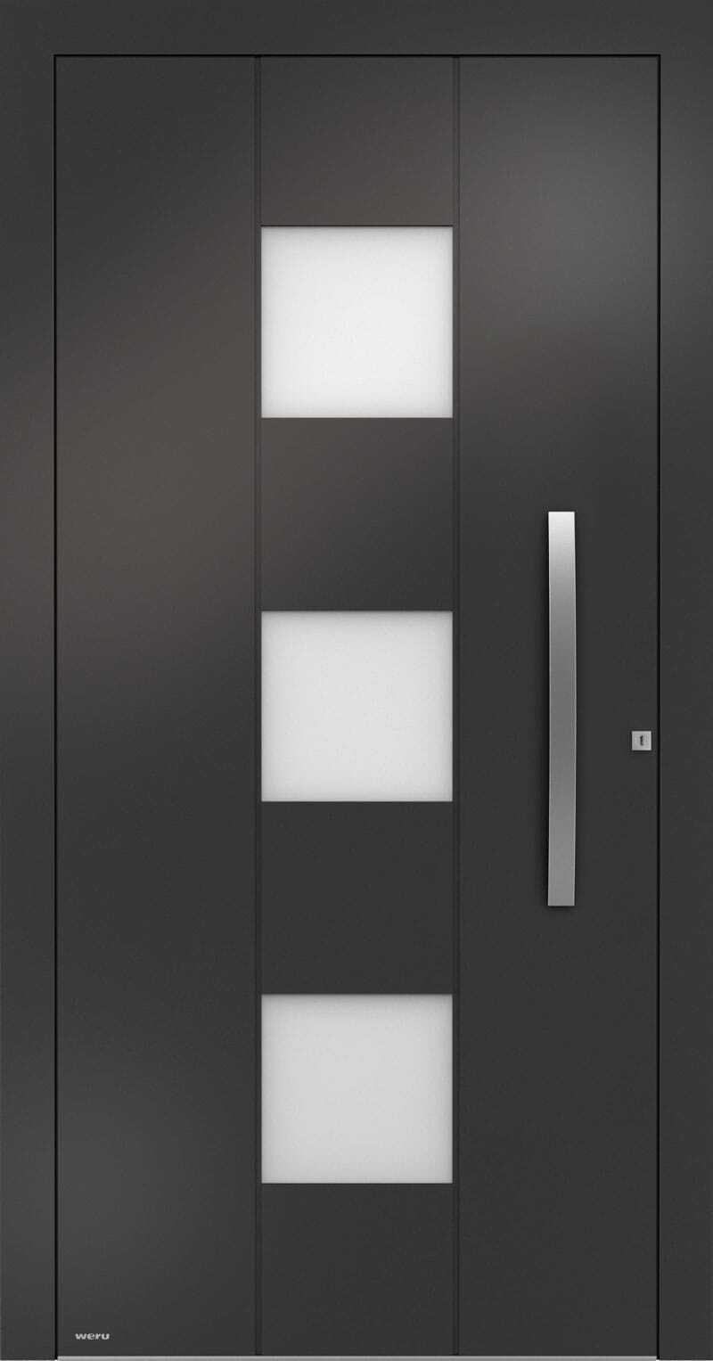 Graue Tür mit drei rechteckigen Fenstern und einem Türgriff. "WERU" steht unten links.